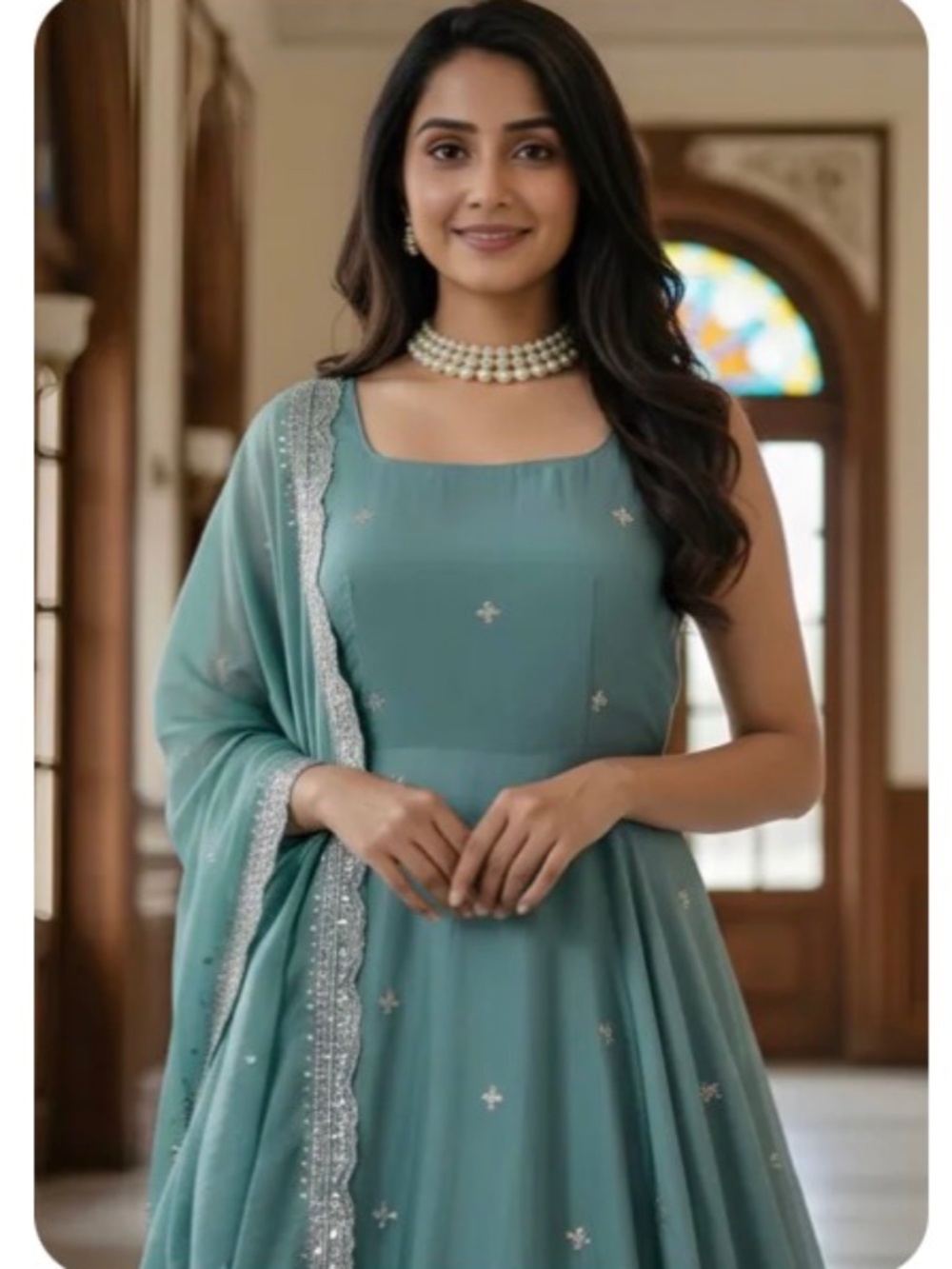 Utsav Embroidered Chinon Chiffon Abaya Style Suit in Blue SZ 38